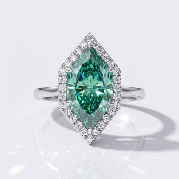 Dutch Marquise Cut Green Moissanite Pavé Halo Ring 2.75 CT - Silver - Size M