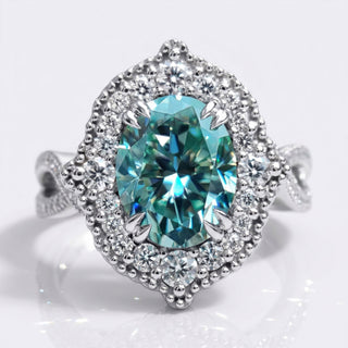 2.83 CT Oval Cyan Blue Moissanite Twisted Pavé Set Halo Ring - Silver - Size N