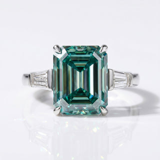 Emerald Cut Cyan Blue Moissanite Three Stone Ring 3.87 CT - Silver - Size N