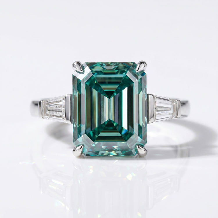 Emerald Cut Cyan Blue Moissanite Three Stone Ring 3.87 CT - Silver - Size N