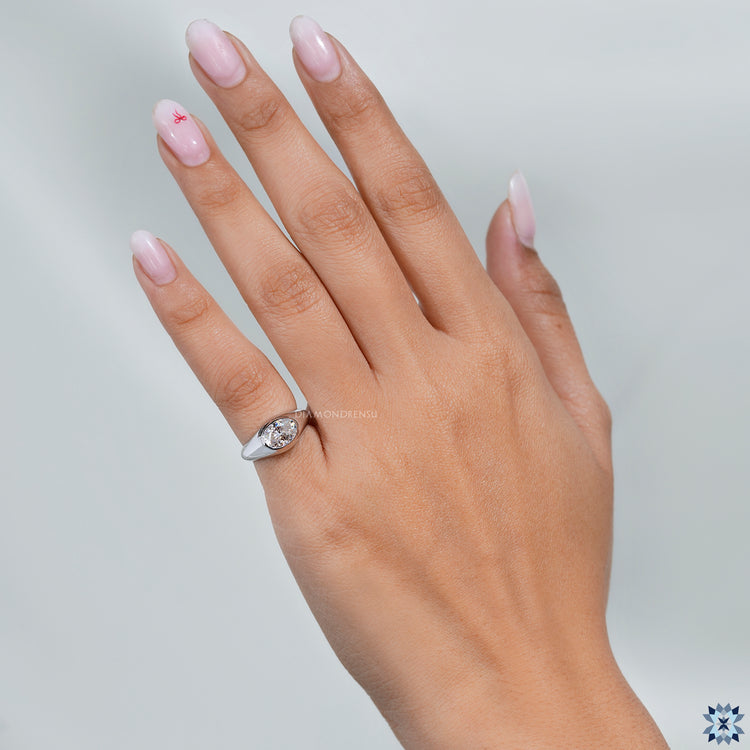 Oval cut ring in gypsy setting with smooth band.