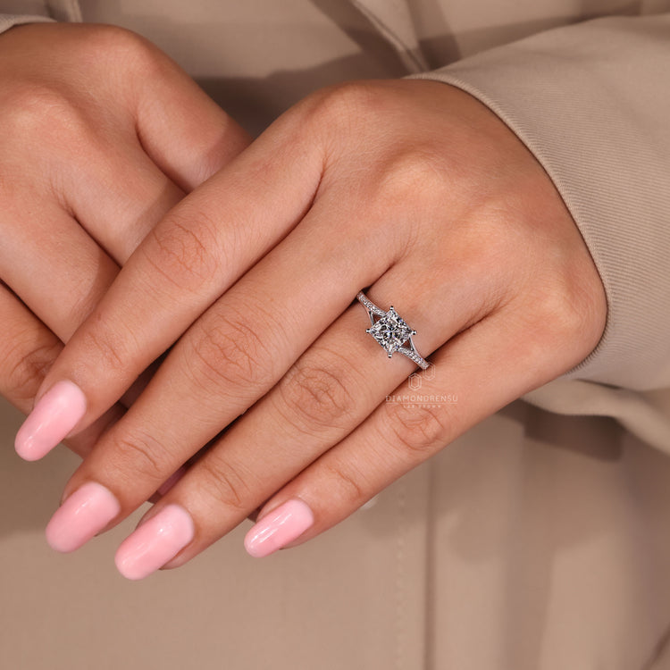 Princess cut diamond ring IGI certified pave style.
