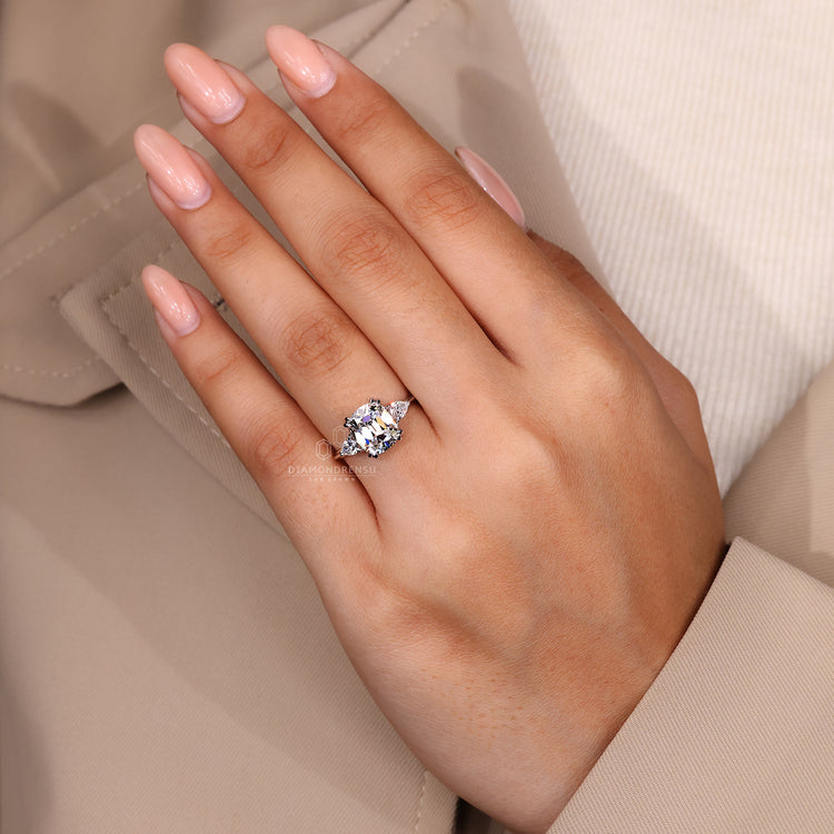 Three stone Cushion Old European Cut Lab Grown Diamond ring.
