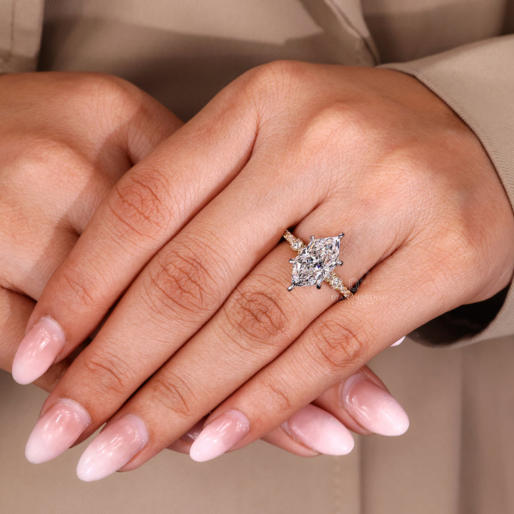 Handmade Dutch marquise ring pave hidden halo style.
