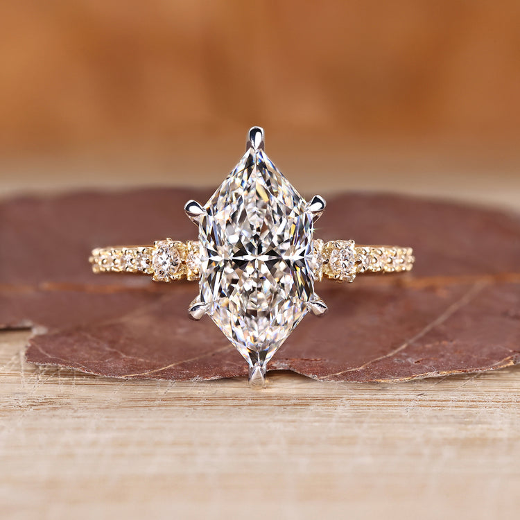 Dutch marquise diamond ring hidden halo pave cathedral.
