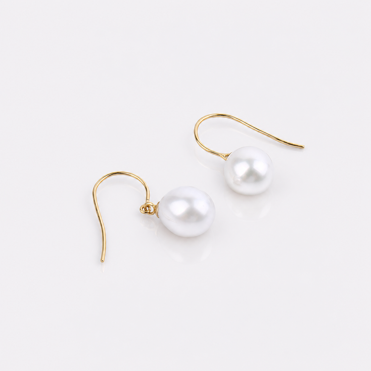 8mm White Drop Freshwater Pearl Hook Earrings - 9k Yellow Gold