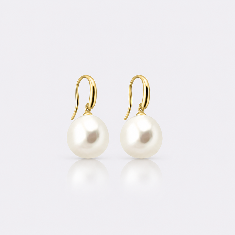  12-13mm white semi-baroque freshwater pearl earrings on 9k yellow gold hooks