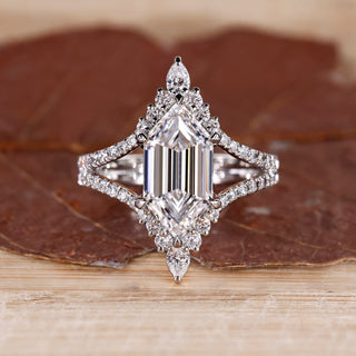 Hexagon step cut diamond ring vintage curved band.
