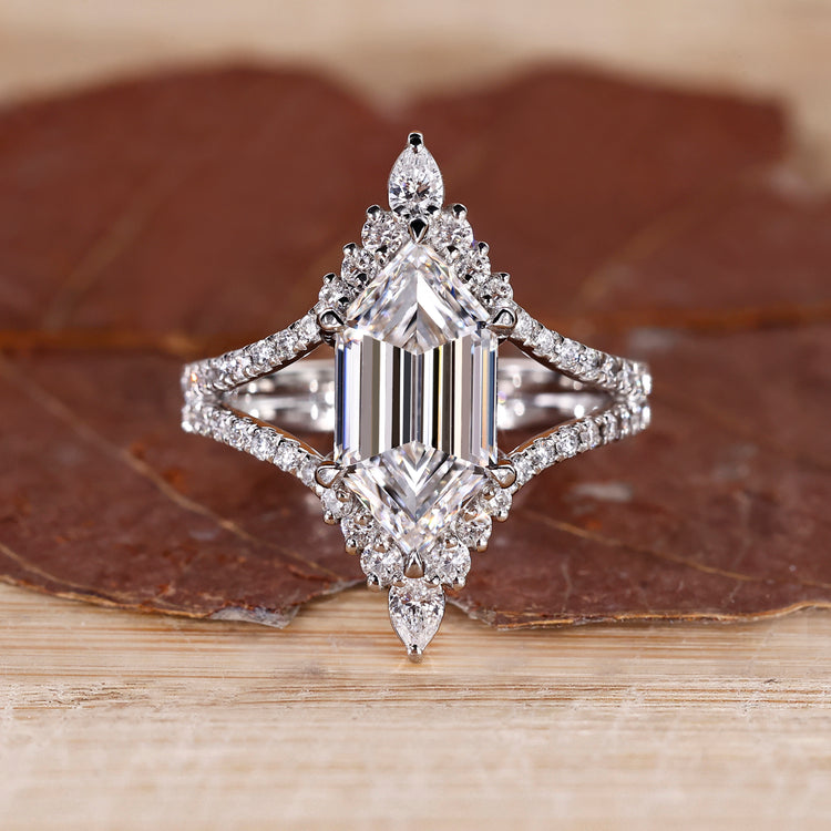 Hexagon step cut diamond ring vintage curved band.
