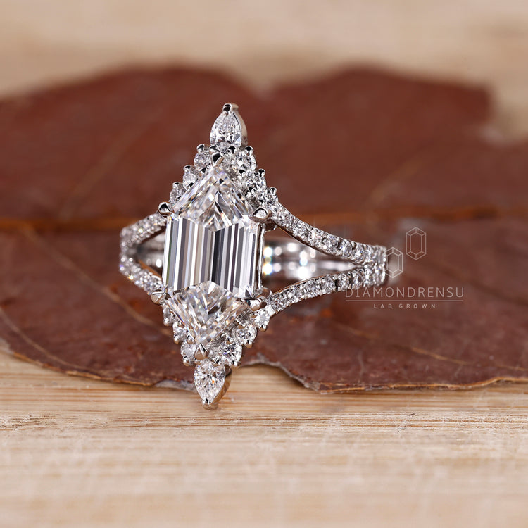 Lab grown hexagon diamond ring vintage curved band.
