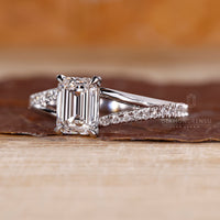 Lab grown emerald diamond ring pave band split shank.
