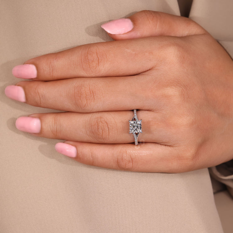 Handmade princess cut diamond ring split shank style.

