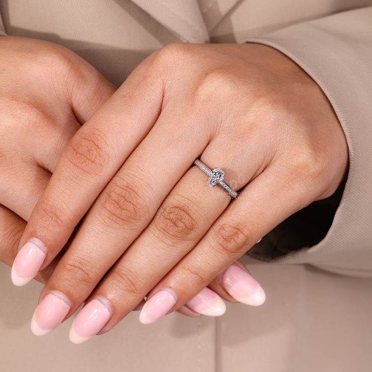 Lab Grown Coffin Diamond Ring in a Beautiful Halo Pave Style.