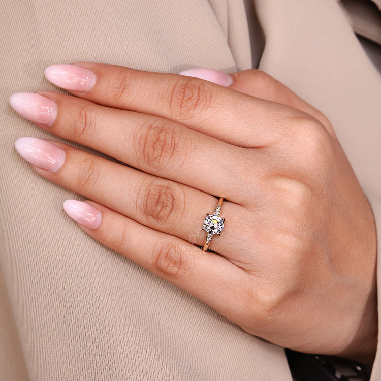 Handmade Cushion Old European Cut Ring four claw prong style.
