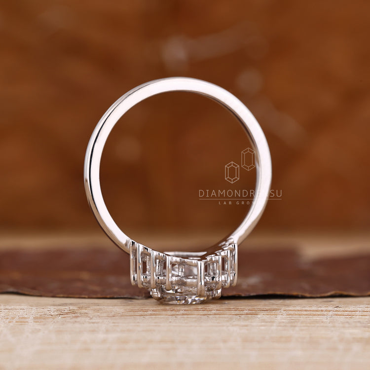 Half halo coffin diamond ring prong setting.