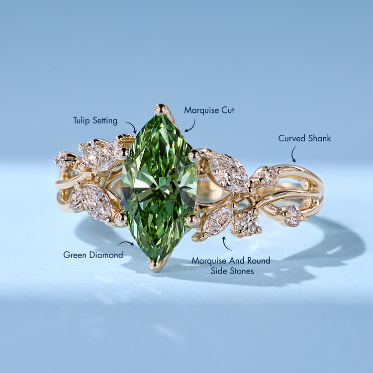 Marquise cut diamond ring with six prong setting.
