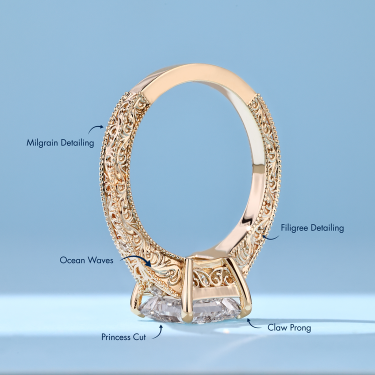 Princess cut diamond ring with four claw prongs.