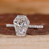 Lab grown coffin diamond ring halo pave setting.
