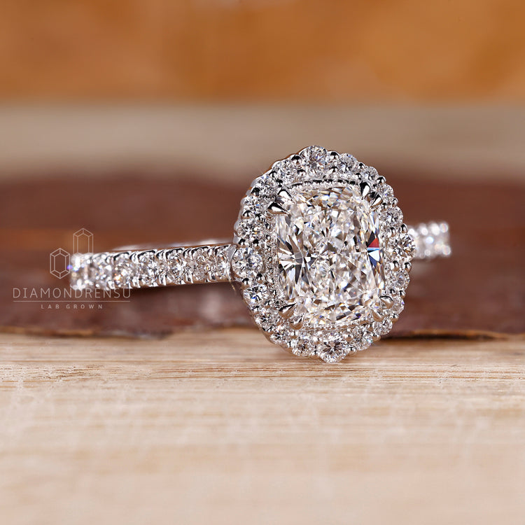 IGI certified elongated cushion cut diamond ring design.
