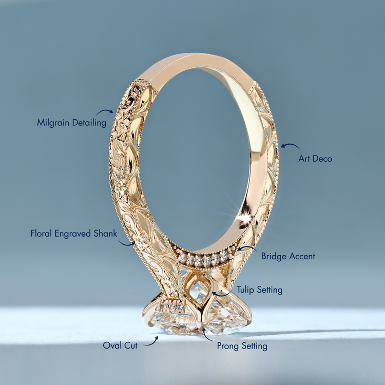 Lab grown oval diamond ring with four claw prongs.