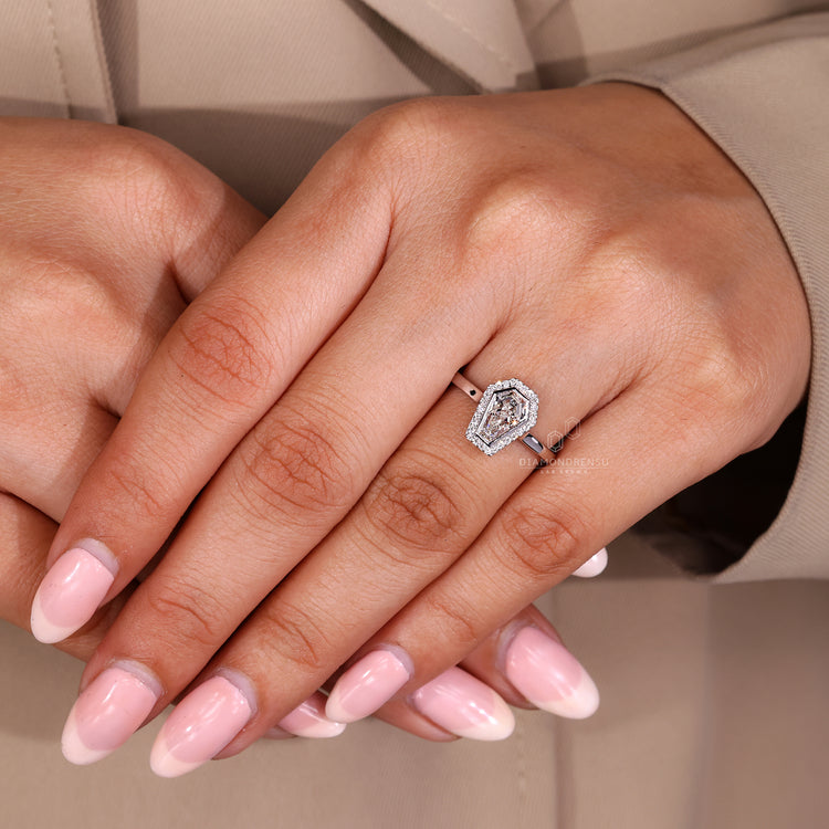 Handmade coffin cut diamond ring halo design.