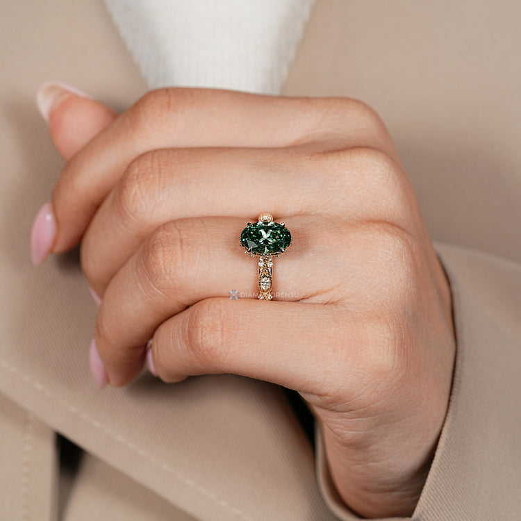 Lab grown oval diamond ring with vintage detailing.