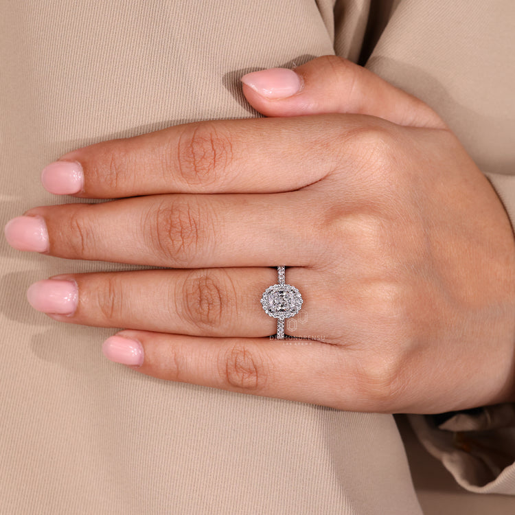 Lab grown diamond elongated cushion ring with halo style.
