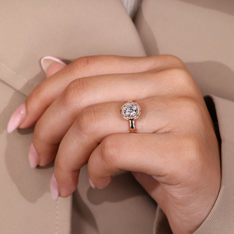 Handmade round diamond ring halo bezel setting.
