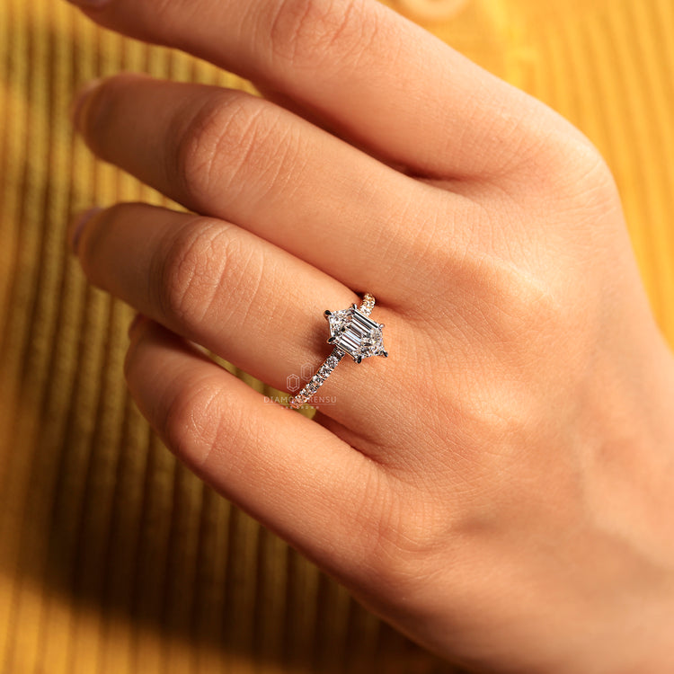 Lab grown hexagon step cut diamond ring design.
