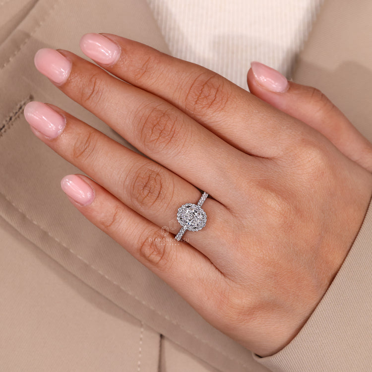 Milgrain setting elongated cushion cut diamond ring.
