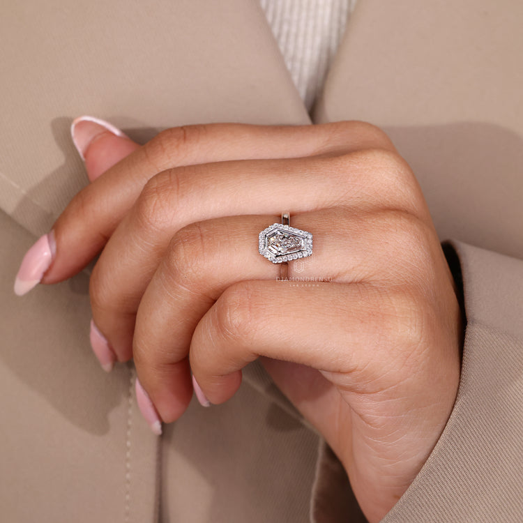 Coffin cut diamond ring IGI certified halo.