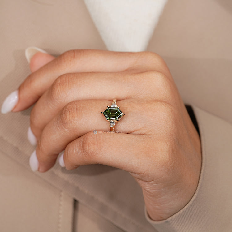 Lab grown hexagon diamond ring with Art Deco details.