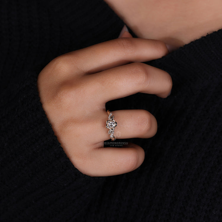 Round cut diamond ring IGI certified flower design.