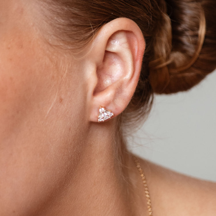 Baguette & Round Lab-Grown Diamond Triangle Stud + Solid Gold Earrings