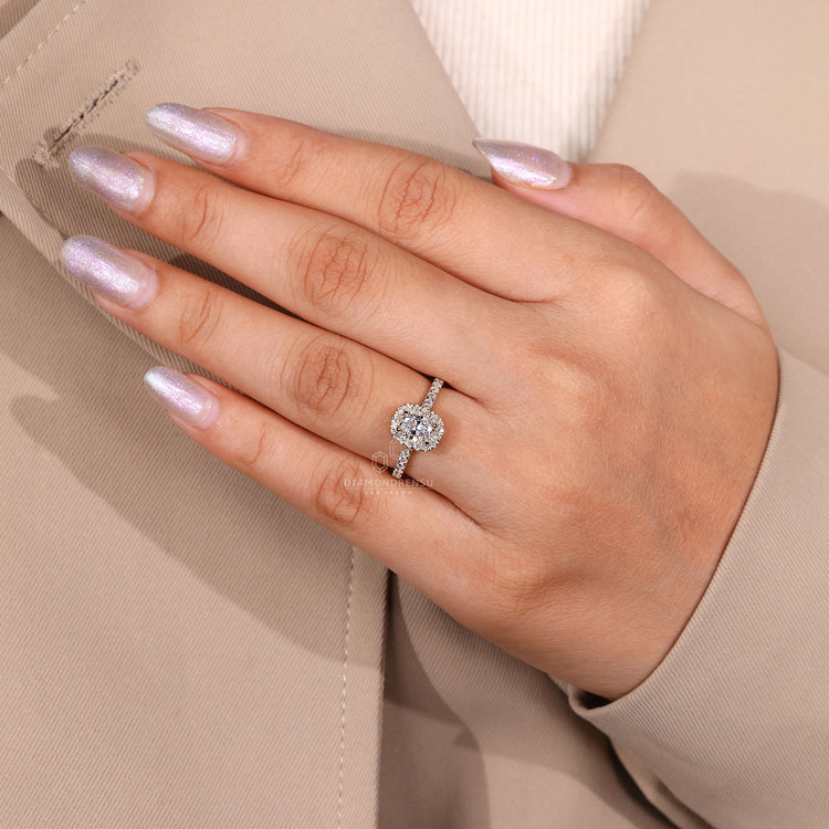 Custom Engagement Ring with oval cut and halo setting.
