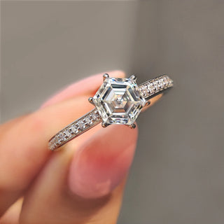 Hexagon Engagement Ring in white gold with round cut pave setting.
