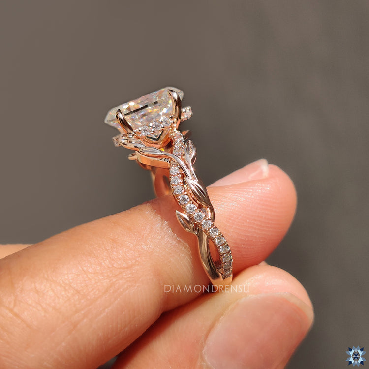 Moissanite pave ring matches handmade ring style.
