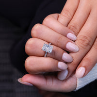 White gold engagement ring with radiant cut engagement ring.
