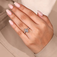 Cathedral setting ring and hidden halo engagement ring.

