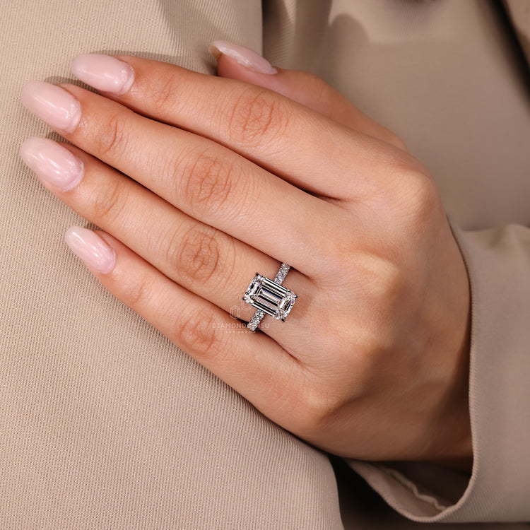 Lab grown diamond emerald cut engagement ring, IGI certified.