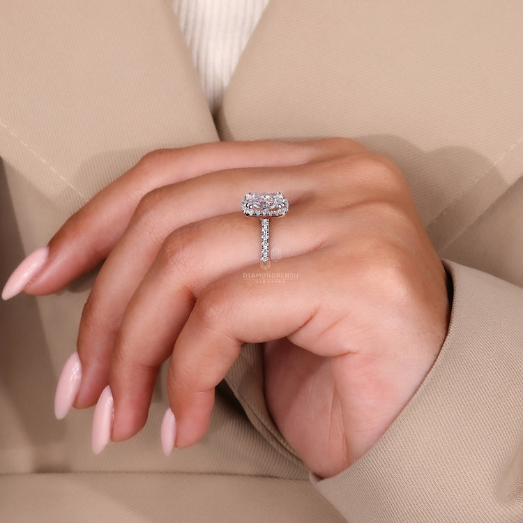 Lab grown diamond featured in pave diamond ring.
