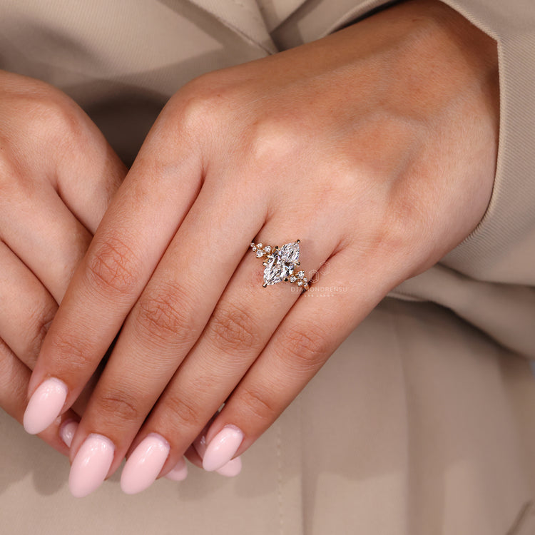 Handmade cluster engagement ring with lab grown diamonds.
