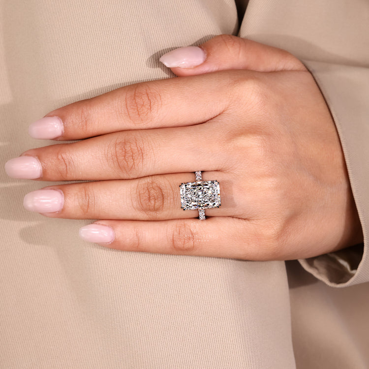 Lab grown diamond radiant cut engagement ring, IGI certified.