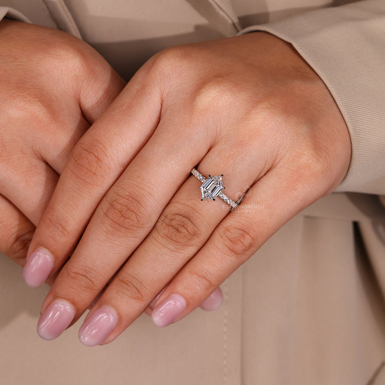 Round diamond pave hexagon cut diamond ring.
