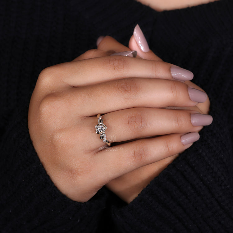 Round cut diamond ring floral pave design.