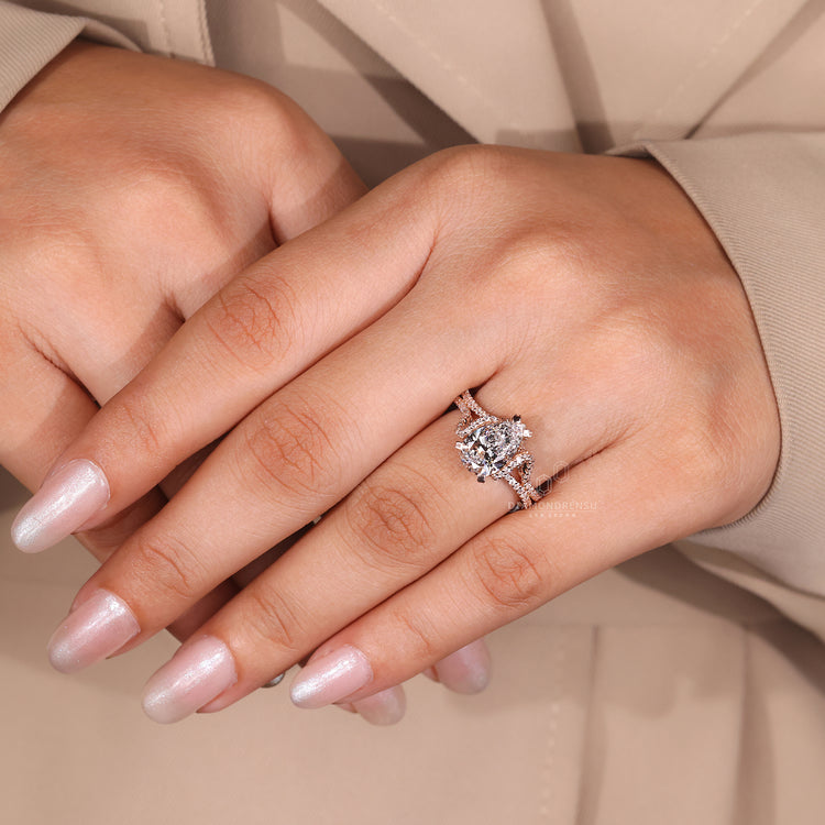 Handmade pear cut diamond ring hidden halo design.
