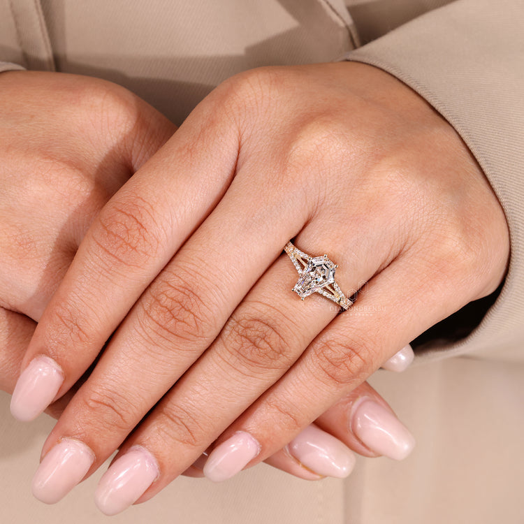 Coffin diamond ring round diamonds split shank.