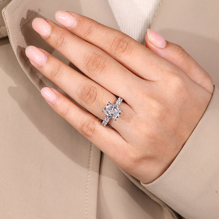 Micro pave radiant ring with four claw prong setting.
