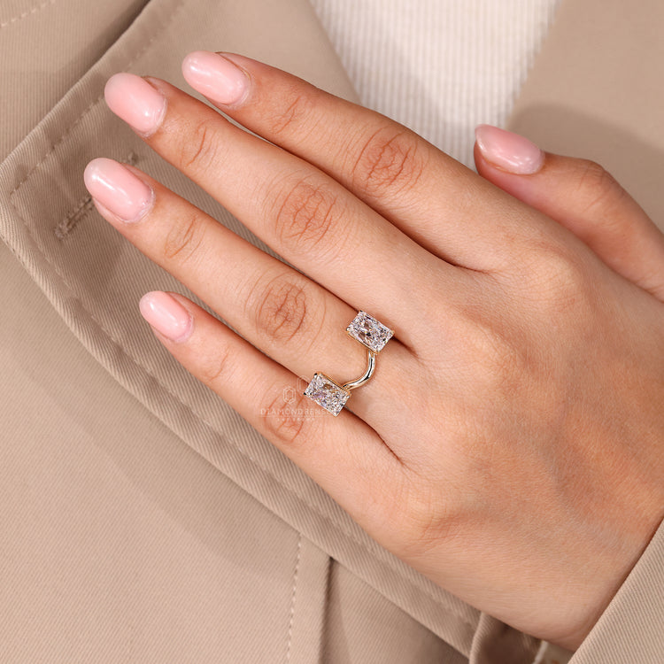 Two stone radiant lab diamond ring in a stackable style.
