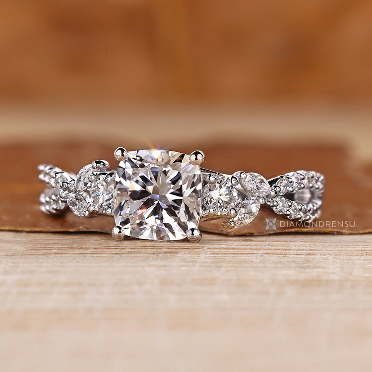 IGI certified cushion diamond ring four prong set.
